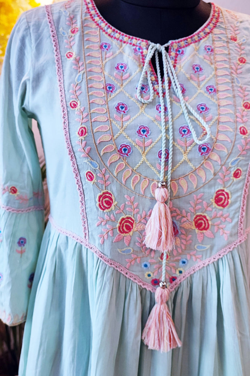 Pistachio Green Long Embroided Cotton Mulmul Dress