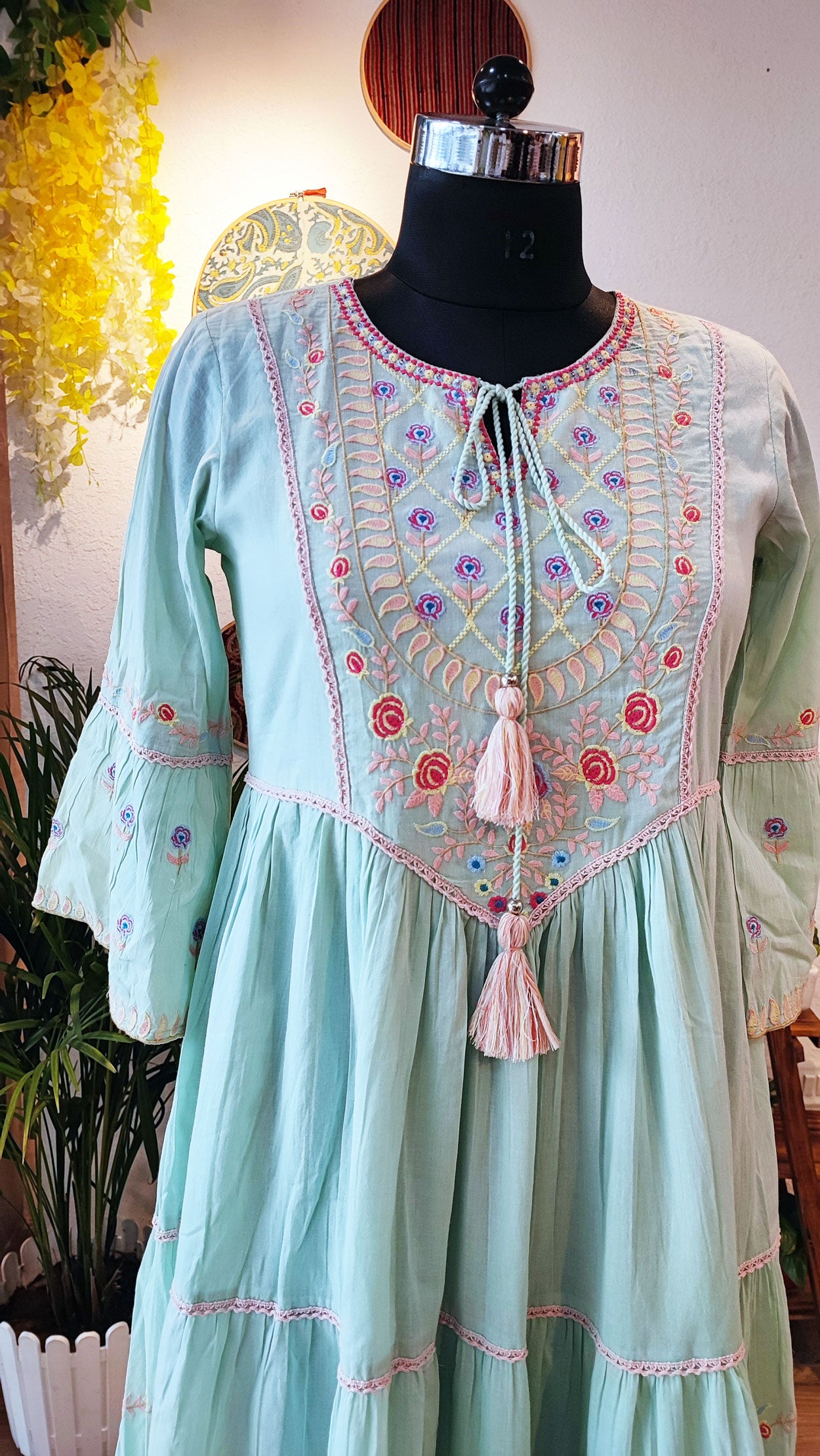 Pistachio Green Long Embroided Cotton Mulmul Dress