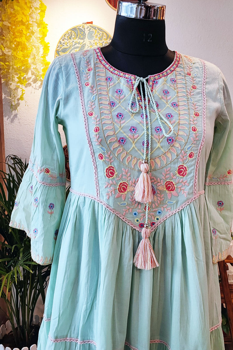 Pistachio Green Long Embroided Cotton Mulmul Dress