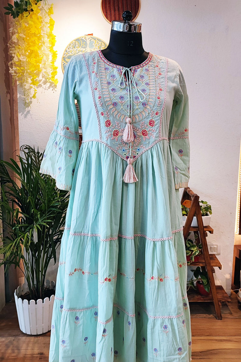 Pistachio Green Long Embroided Cotton Mulmul Dress