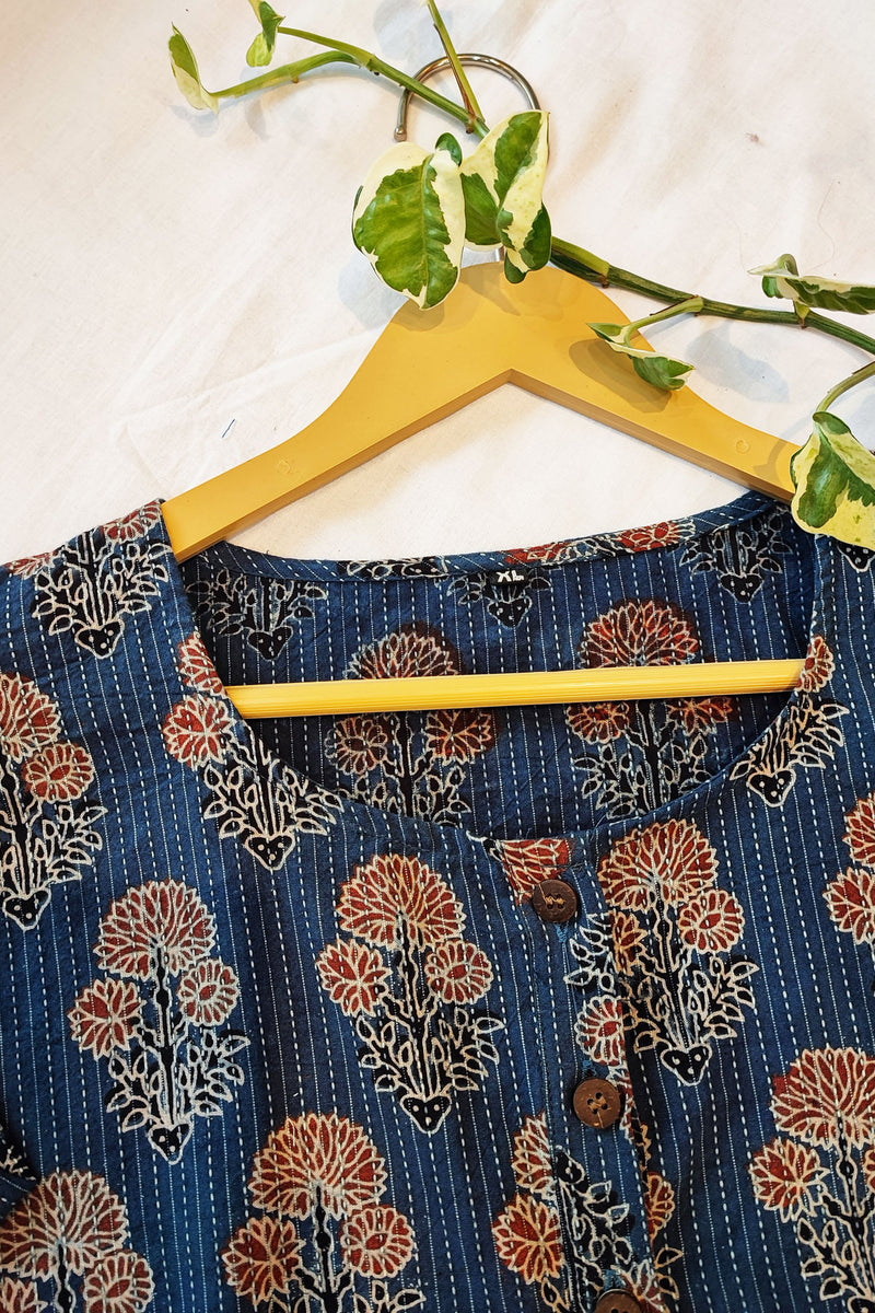 Aegan Blue Blockprinted Cotton Contemporary Blouse/Crop Top