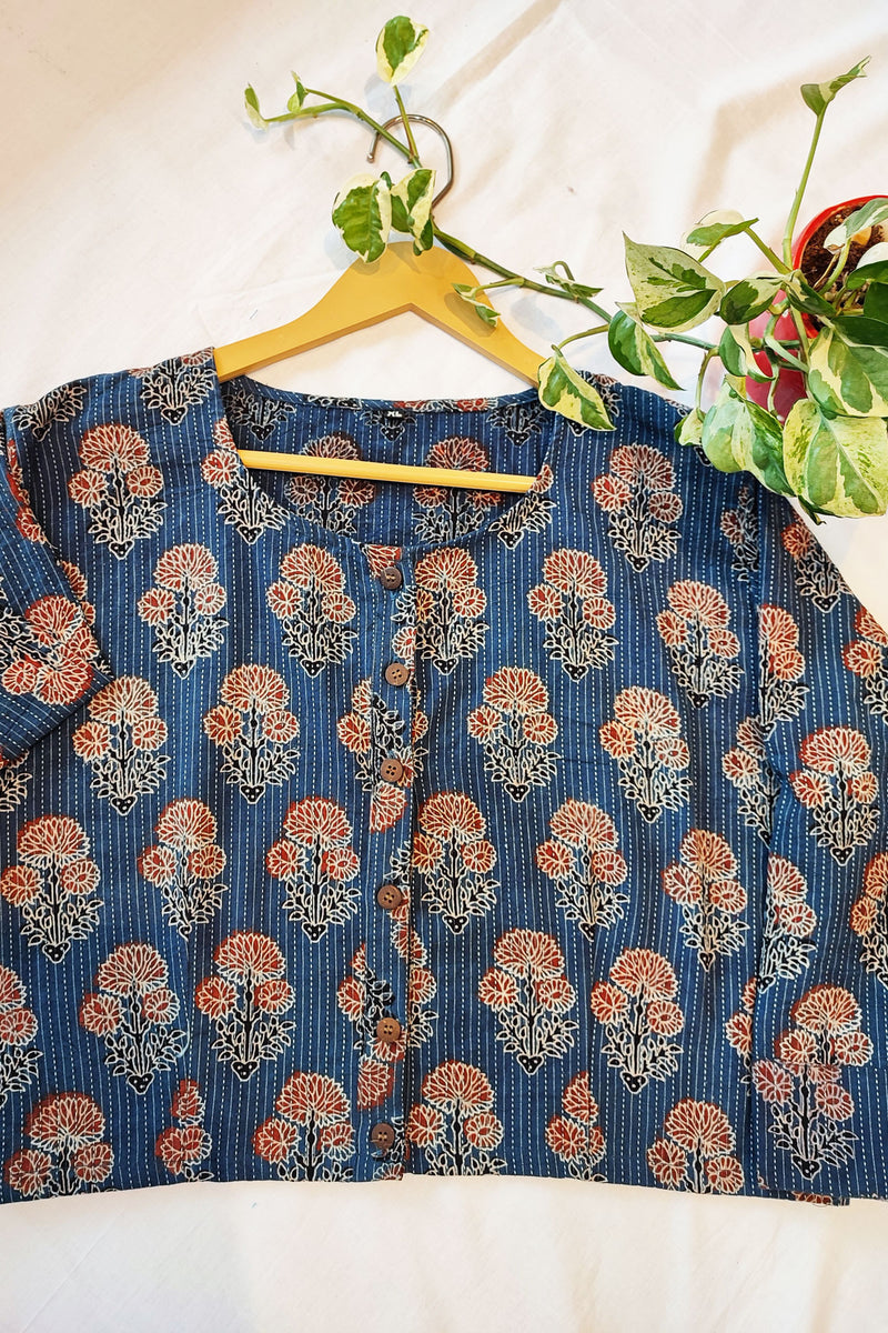Aegan Blue Blockprinted Cotton Contemporary Blouse/Crop Top