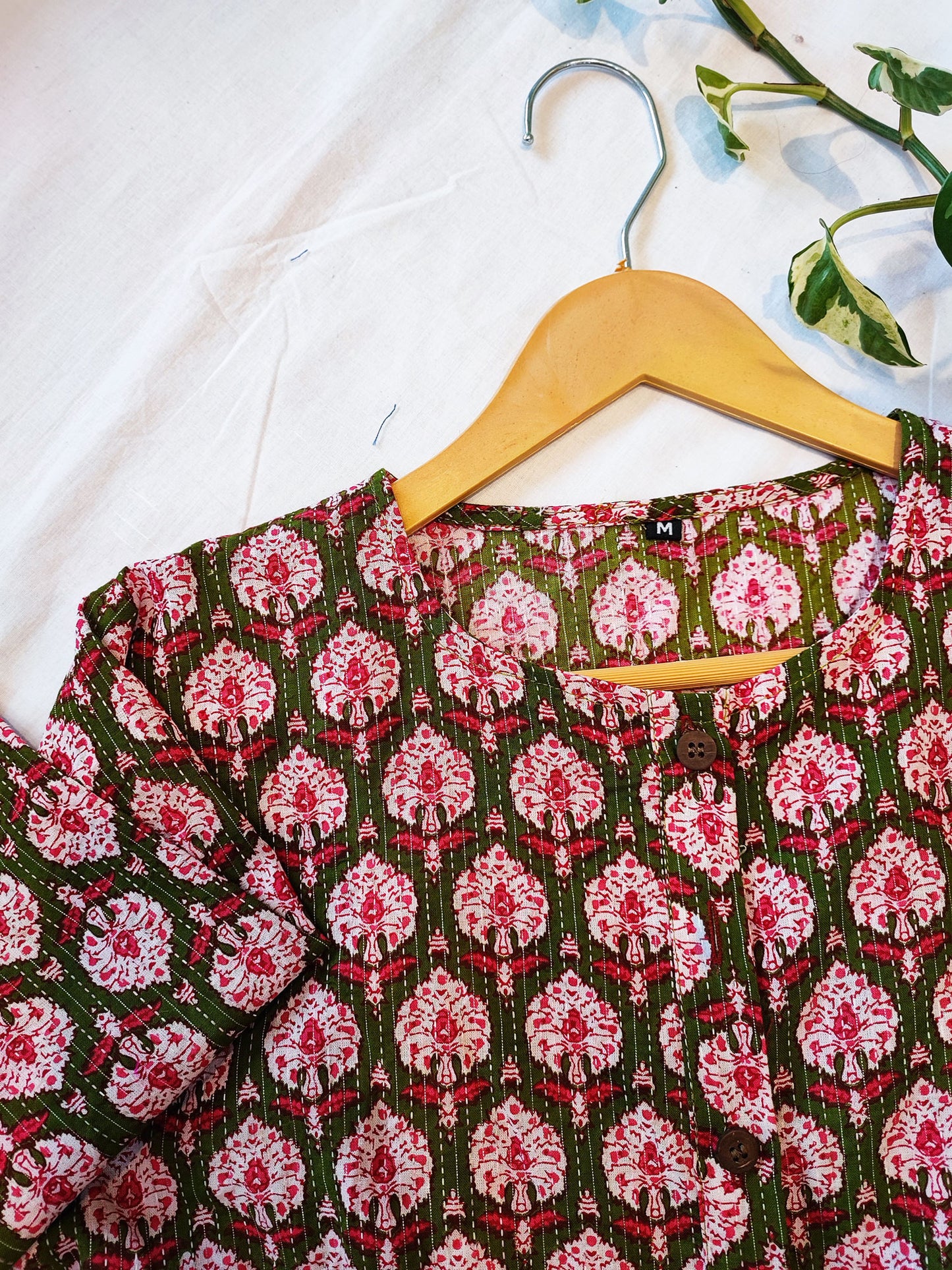 Pink & Green Cotton Handblock Printed Contemporary Blouse/ Crop Top
