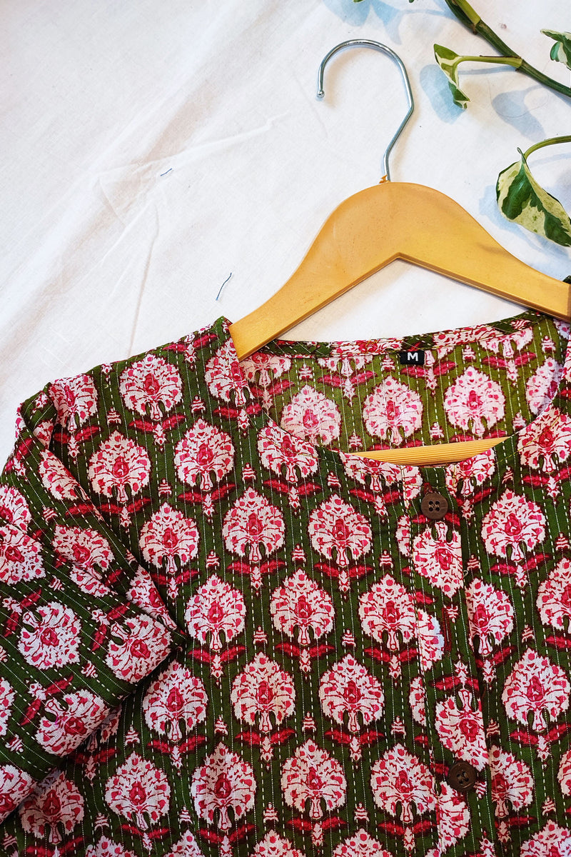 Pink & Green Cotton Handblock Printed Contemporary Blouse/ Crop Top