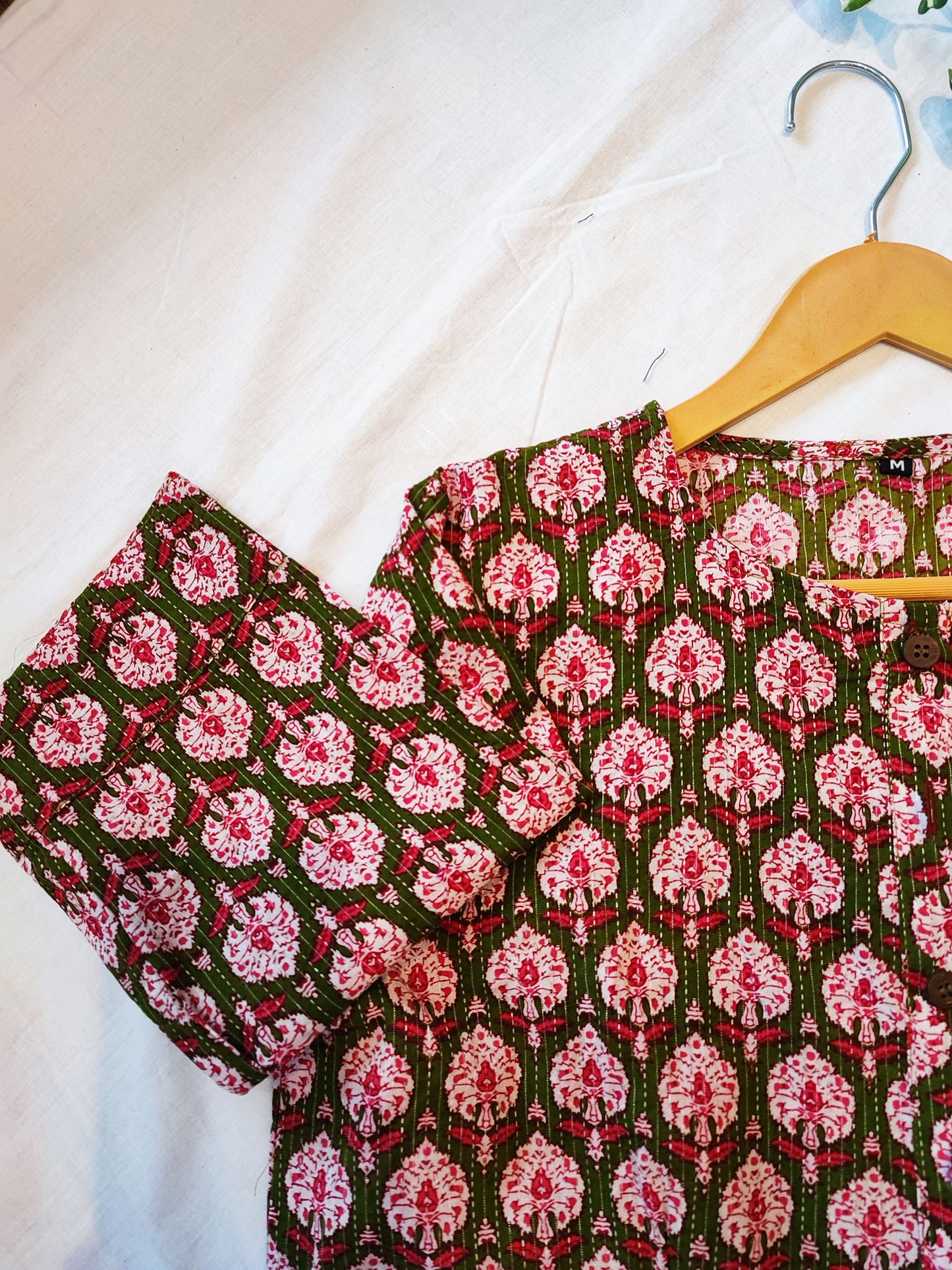 Pink & Green Cotton Handblock Printed Contemporary Blouse/ Crop Top