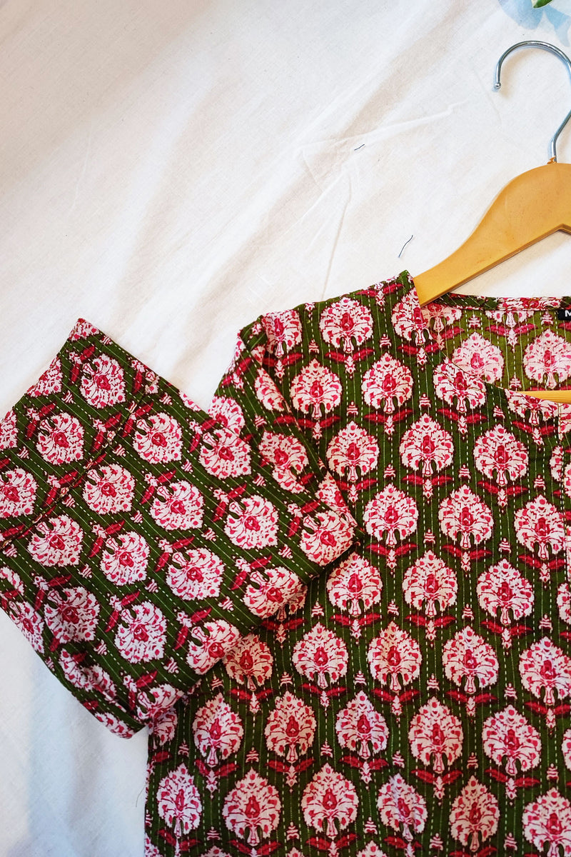 Pink & Green Cotton Handblock Printed Contemporary Blouse/ Crop Top