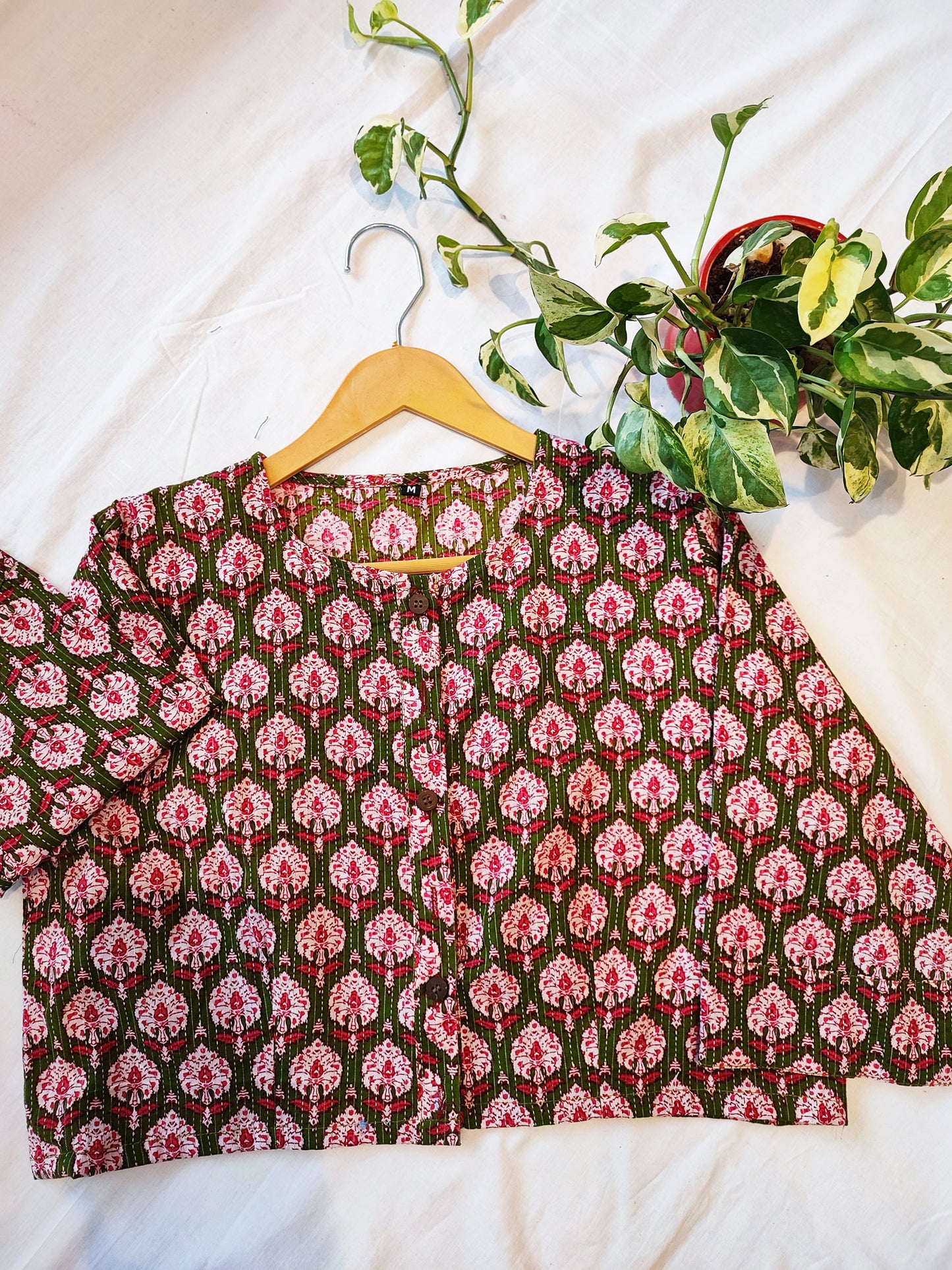 Pink & Green Cotton Handblock Printed Contemporary Blouse/ Crop Top
