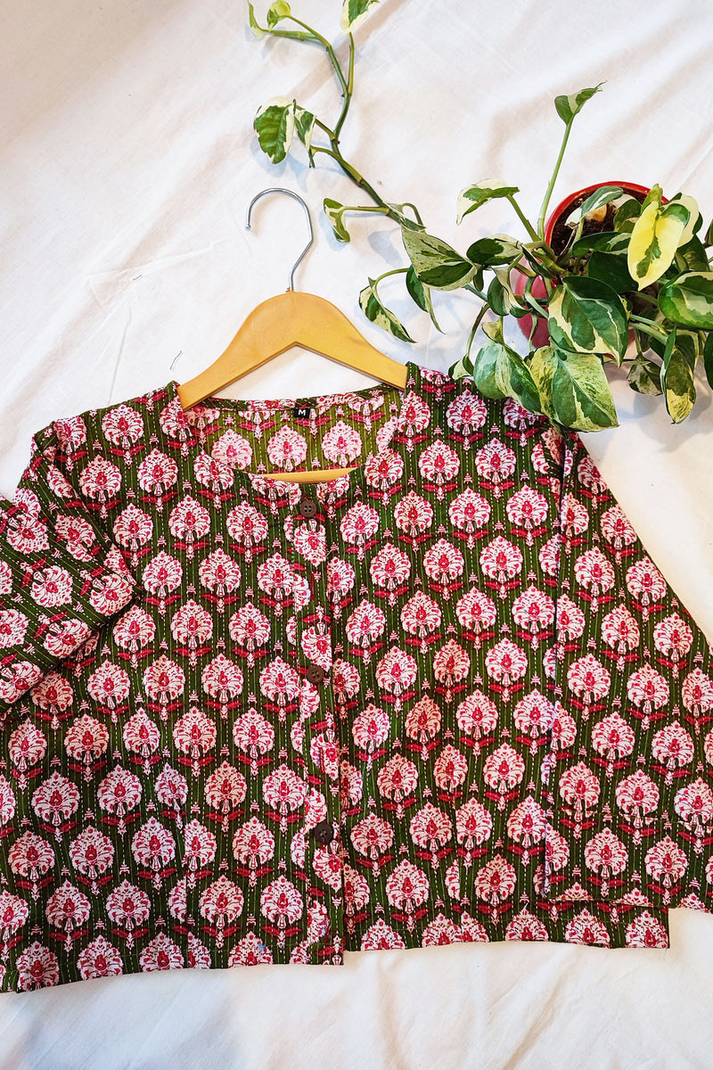 Pink & Green Cotton Handblock Printed Contemporary Blouse/ Crop Top