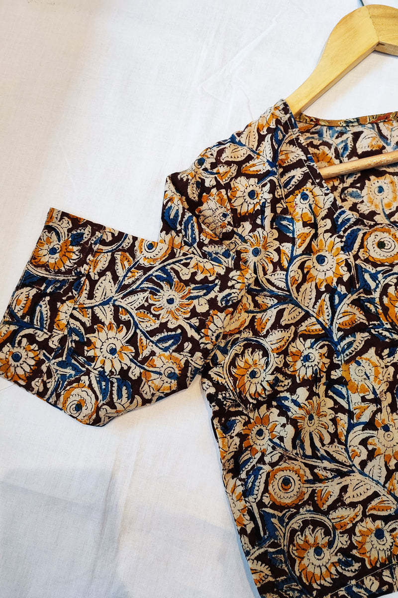 Blue & Yellow Cotton Handblock Printed Contemporary Blouse/ Crop Top