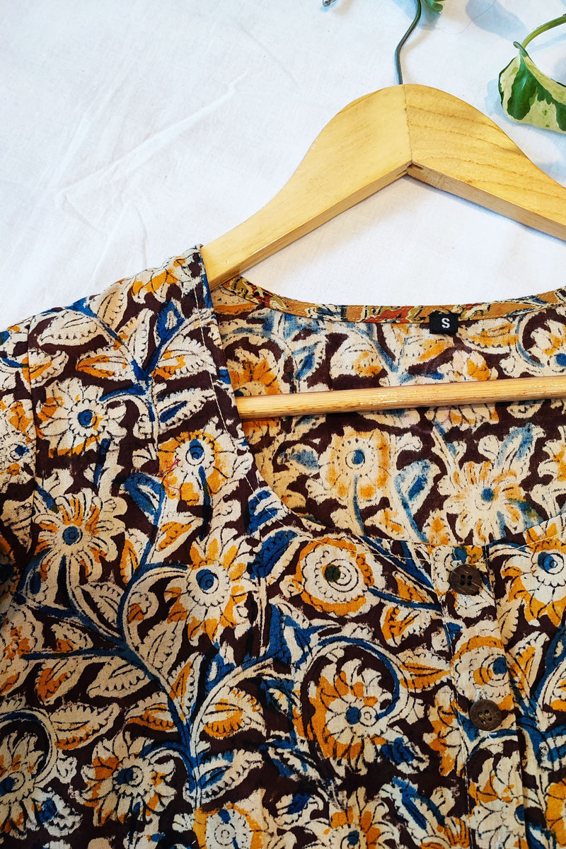 Blue & Yellow Cotton Handblock Printed Contemporary Blouse/ Crop Top