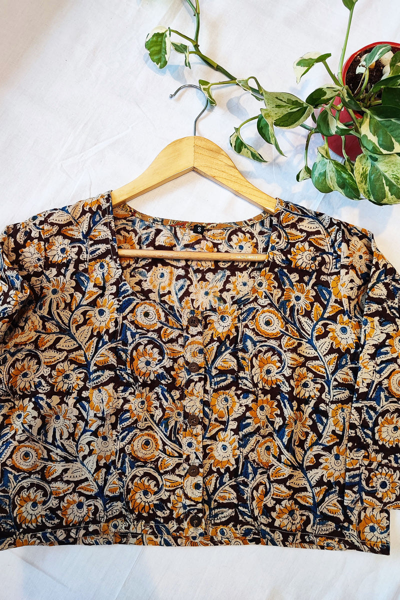 Blue & Yellow Cotton Handblock Printed Contemporary Blouse/ Crop Top