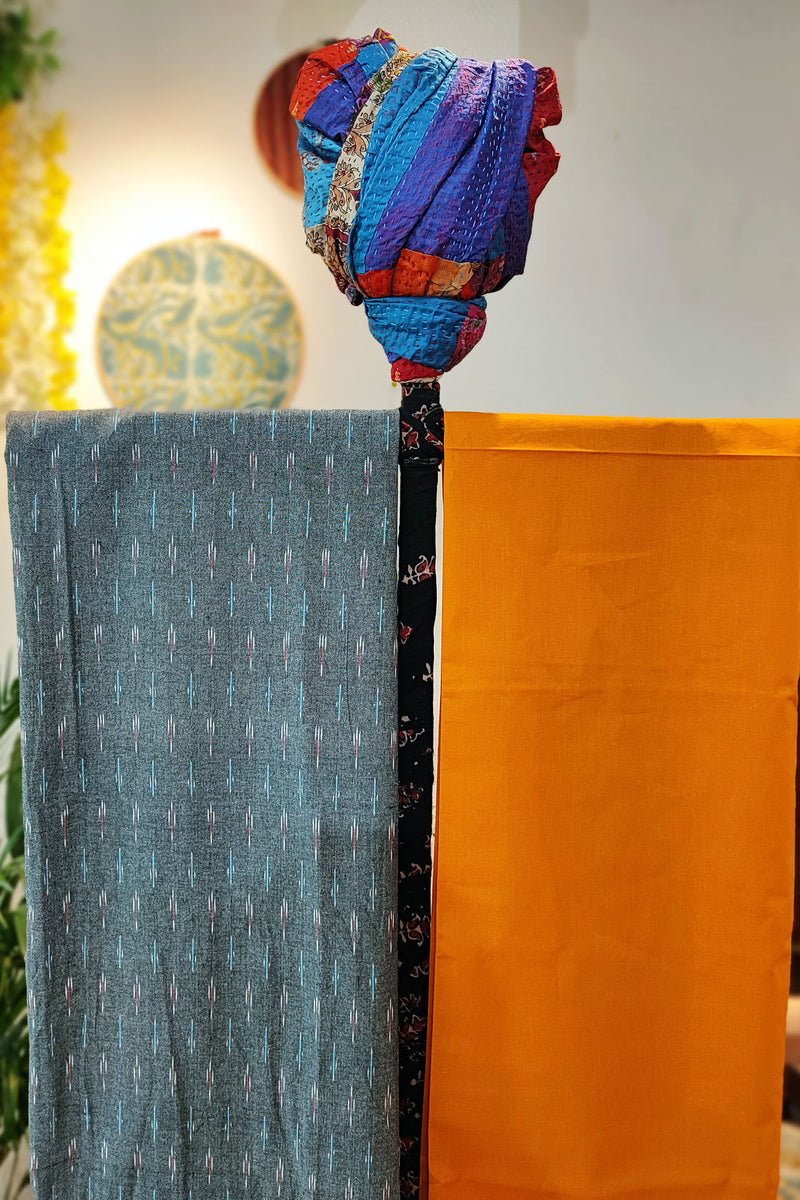 Marigold & Dark Gray Pure Cotton Handloom Ikkat Suit Set