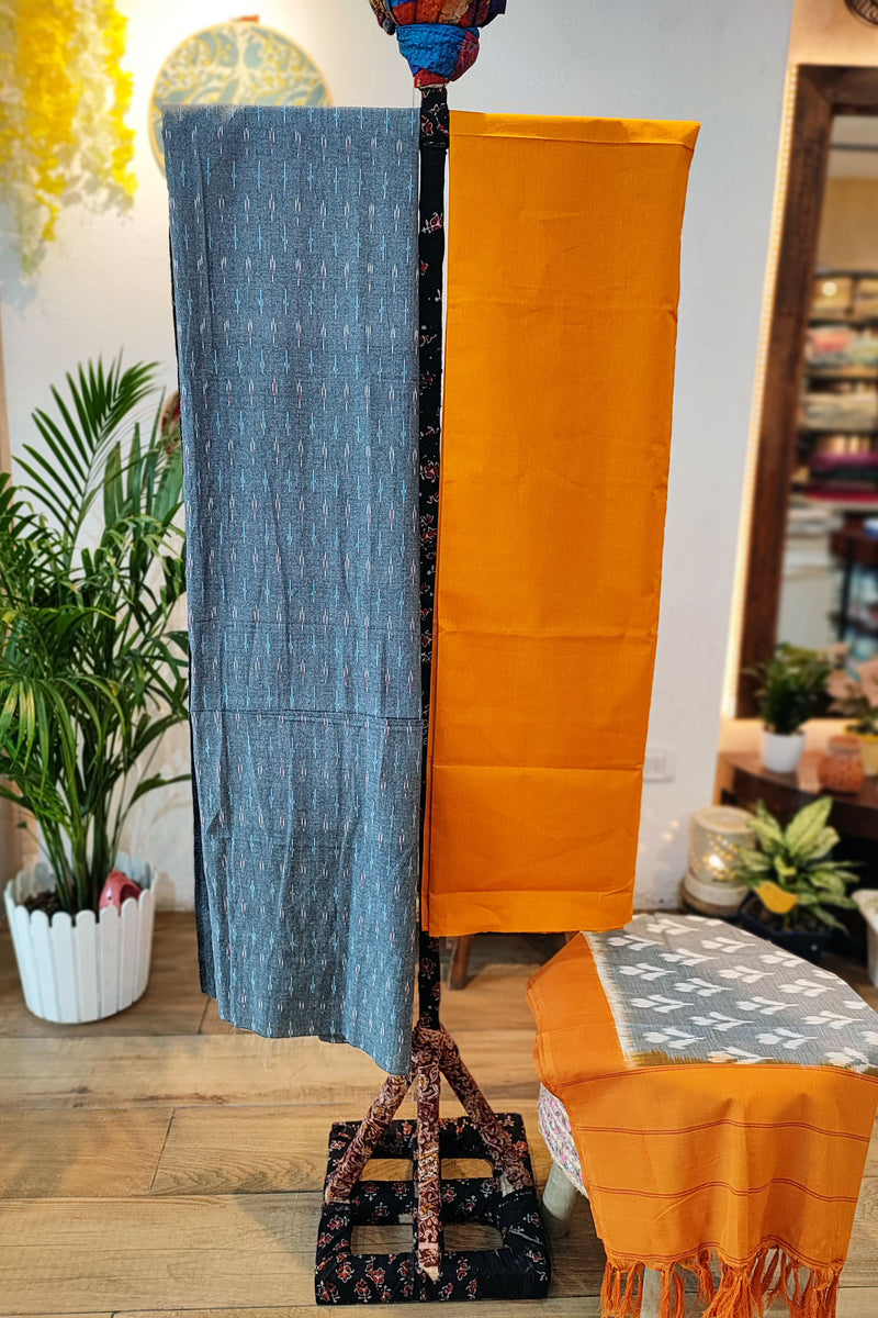 Marigold & Dark Gray Pure Cotton Handloom Ikkat Suit Set