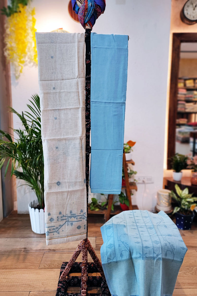 Sky Blue & White Chanderi Silk by Resham Woven Jamdani Suit