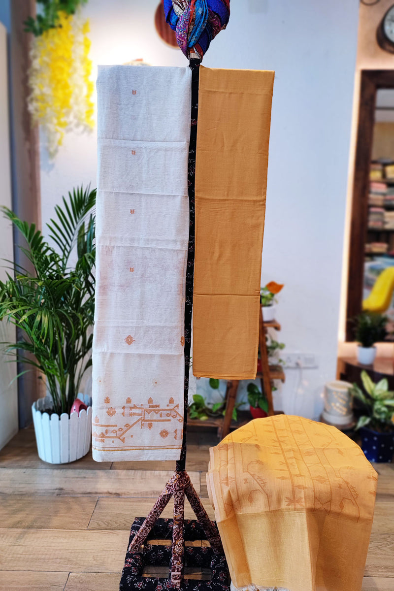 Mustard & White Chanderi Silk by Resham Woven Jamdani Suit