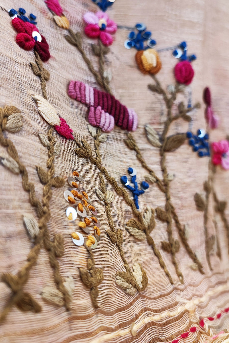 Cream Linen Silk Saree With Hand Embroidery and Zari Border