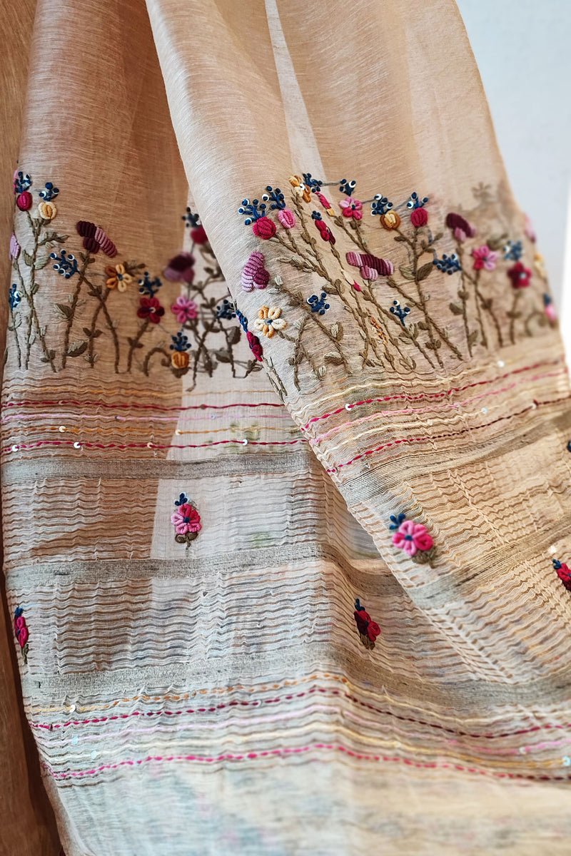 Cream Linen Silk Saree With Hand Embroidery and Zari Border