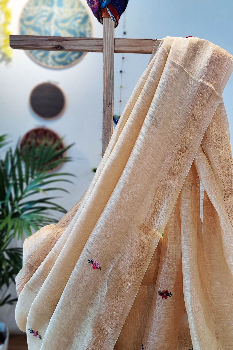 Cream Linen Silk Saree With Hand Embroidery and Zari Border