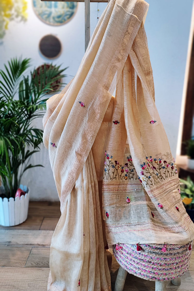 Cream Linen Silk Saree With Hand Embroidery and Zari Border