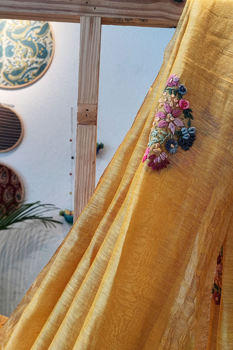 Mustard Linen Silk Saree With Floral Hand Embroidery