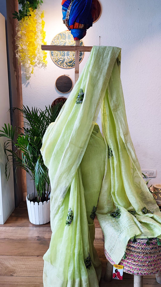 Khus Green Linen Silk Saree With Hand Embroidery and Zari Border