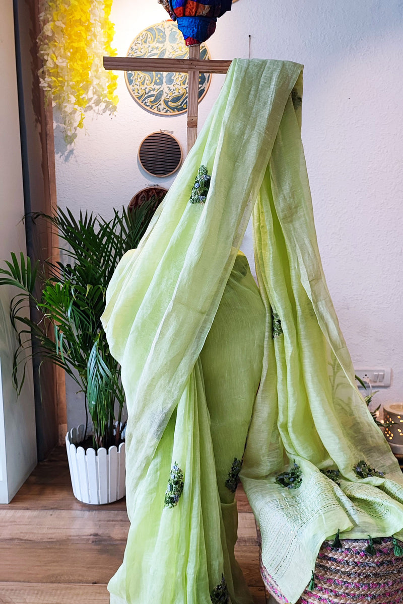 Khus Green Linen Silk Saree With Hand Embroidery and Zari Border