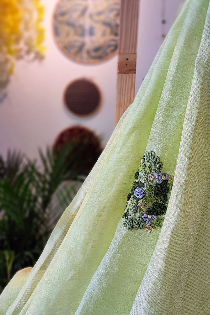 Khus Green Linen Silk Saree With Hand Embroidery and Zari Border