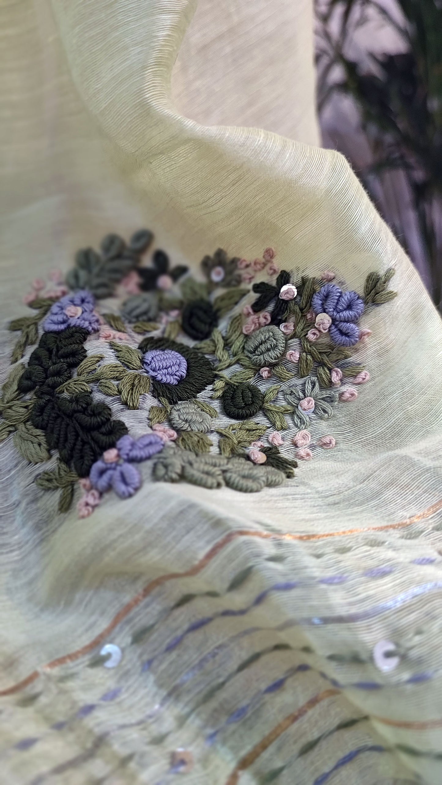 Khus Green Linen Silk Saree With Hand Embroidery and Zari Border