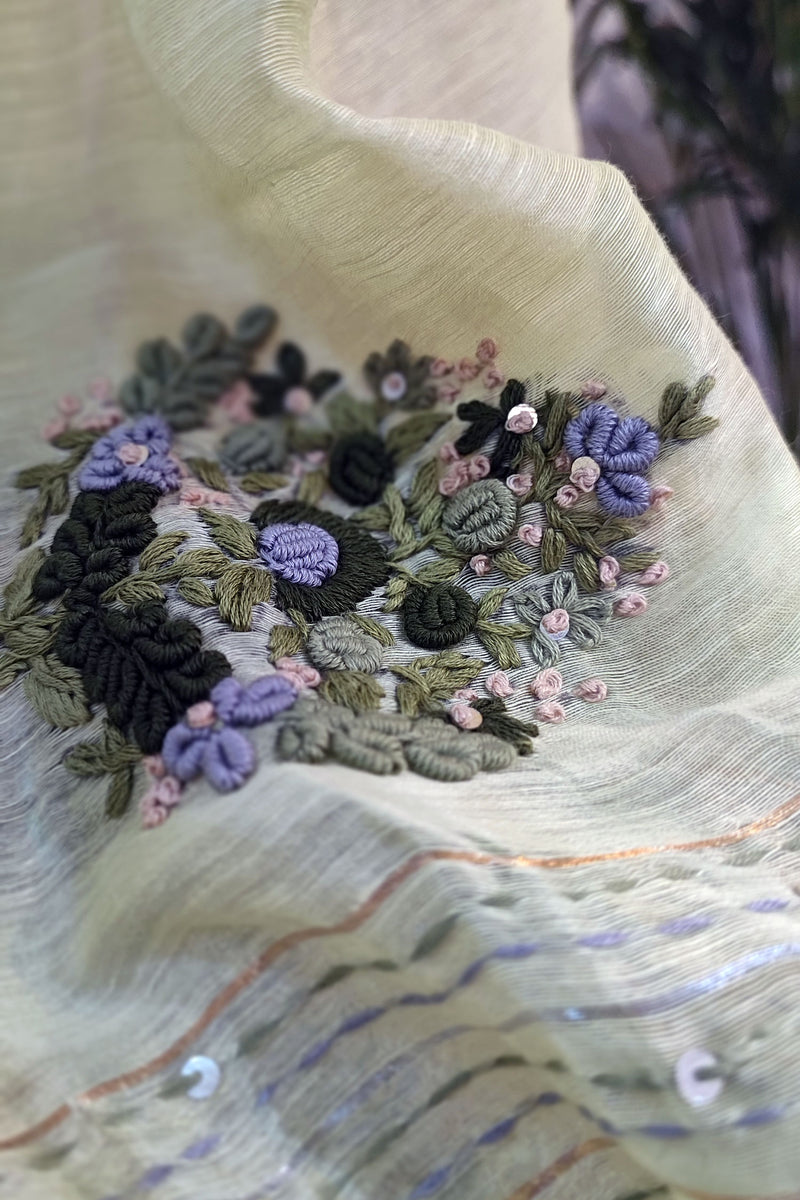 Khus Green Linen Silk Saree With Hand Embroidery and Zari Border