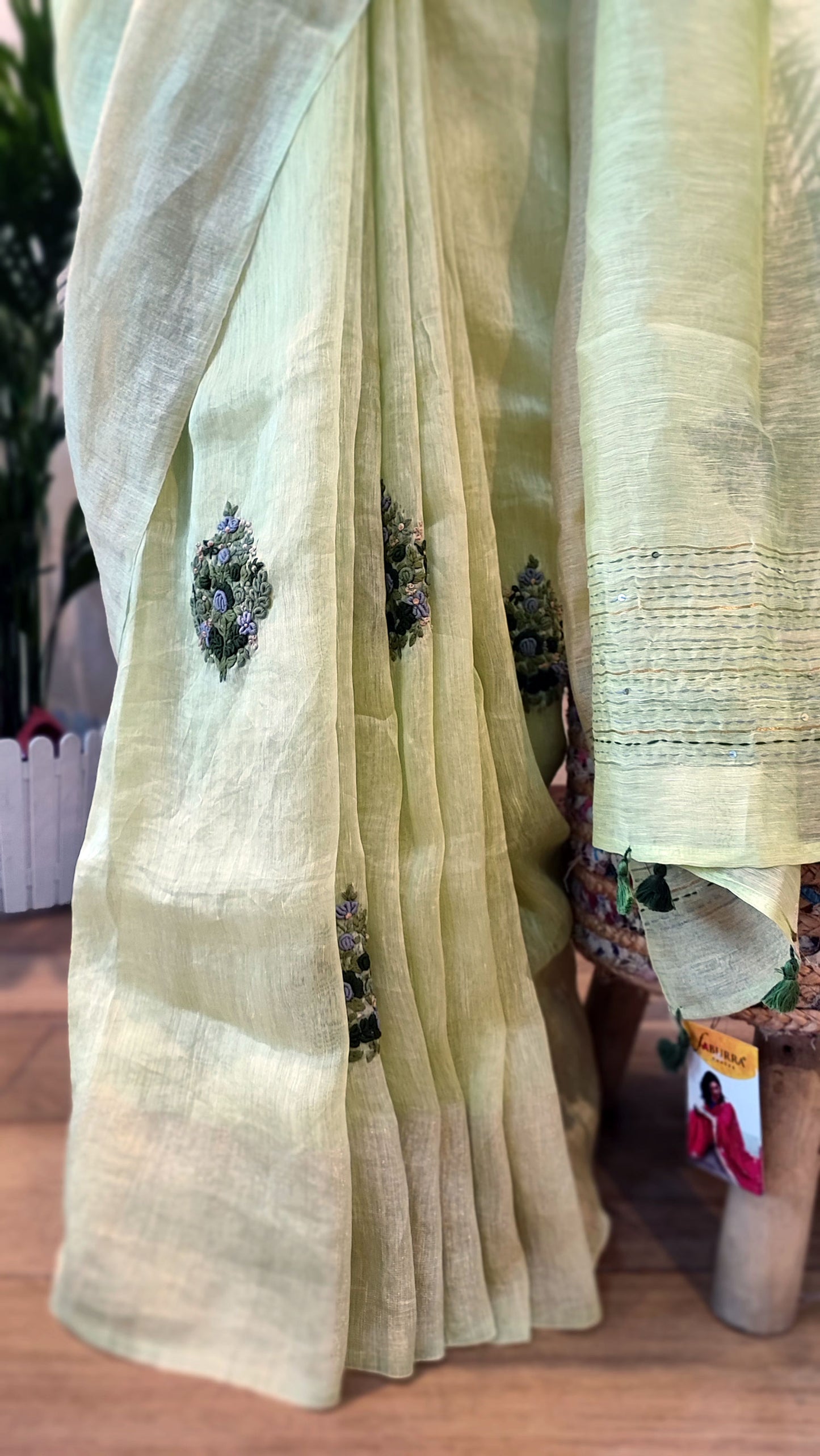 Khus Green Linen Silk Saree With Hand Embroidery and Zari Border