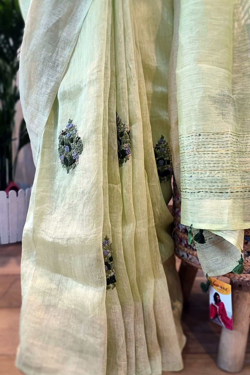 Khus Green Linen Silk Saree With Hand Embroidery and Zari Border
