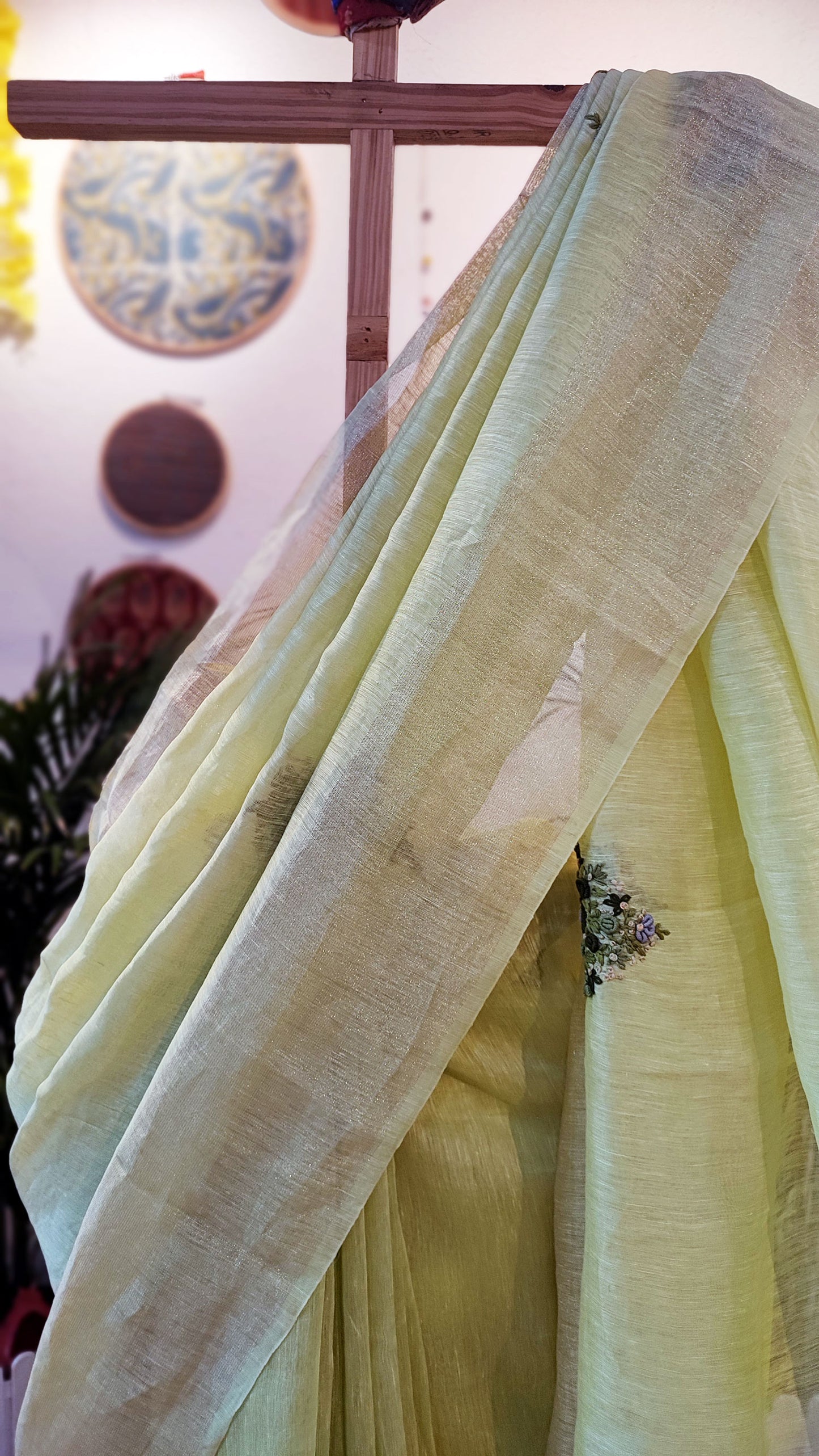 Khus Green Linen Silk Saree With Hand Embroidery and Zari Border