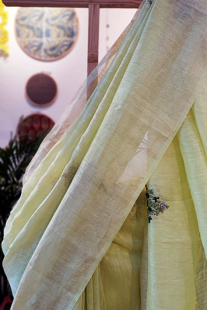 Khus Green Linen Silk Saree With Hand Embroidery and Zari Border