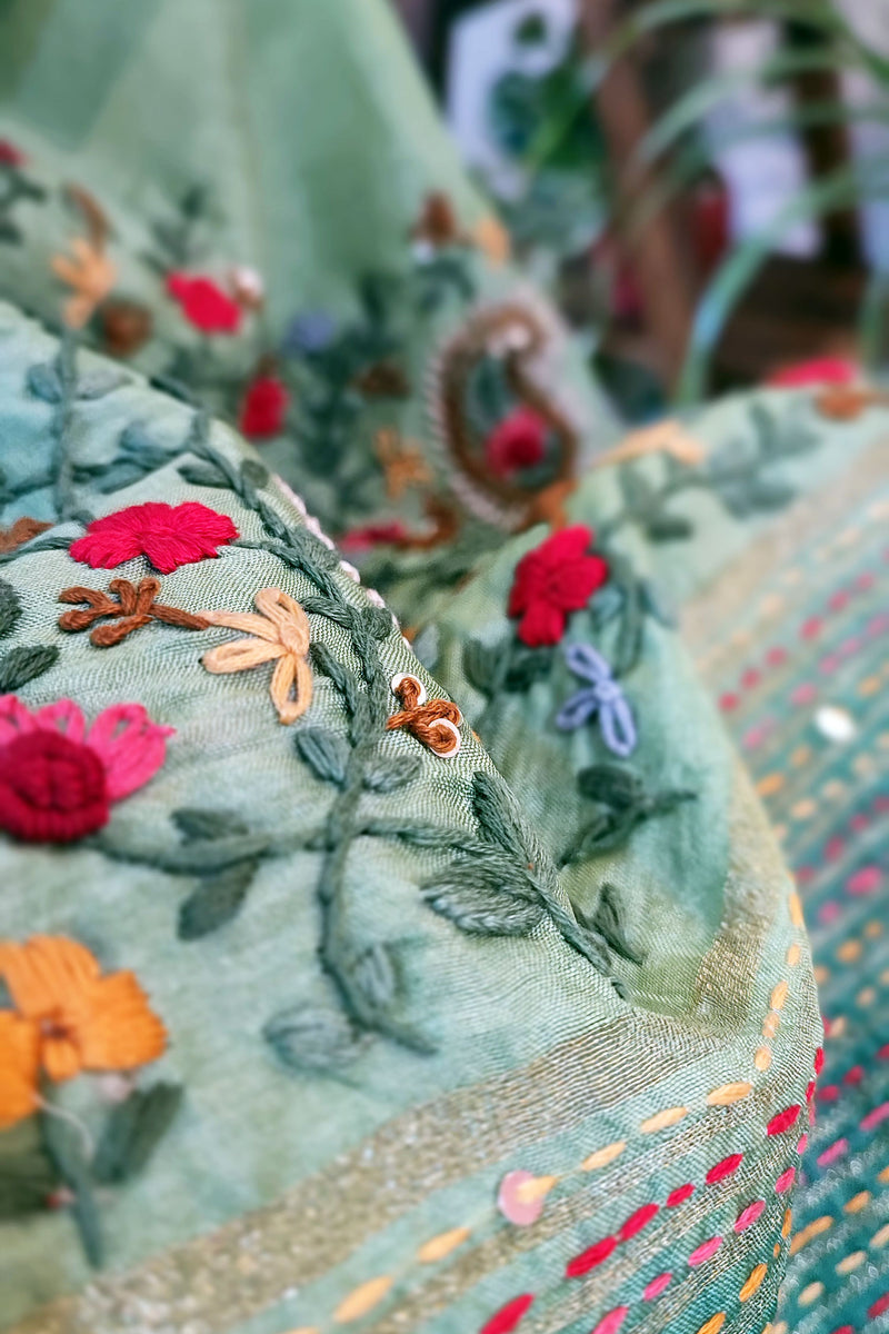 Fern Green Dola Silk Saree With Hand Embroidery and Zari Border