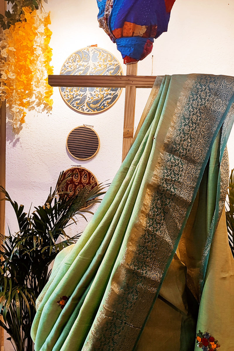 Fern Green Dola Silk Saree With Hand Embroidery and Zari Border