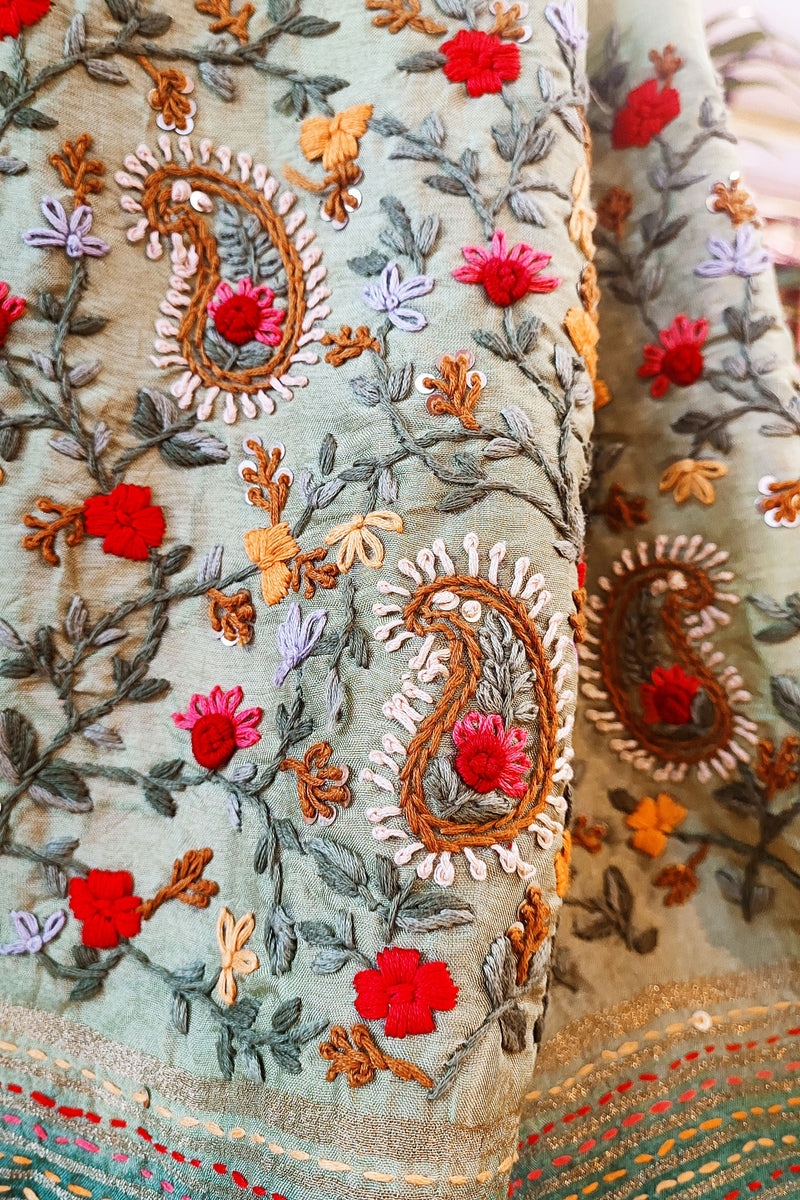 Fern Green Dola Silk Saree With Hand Embroidery and Zari Border