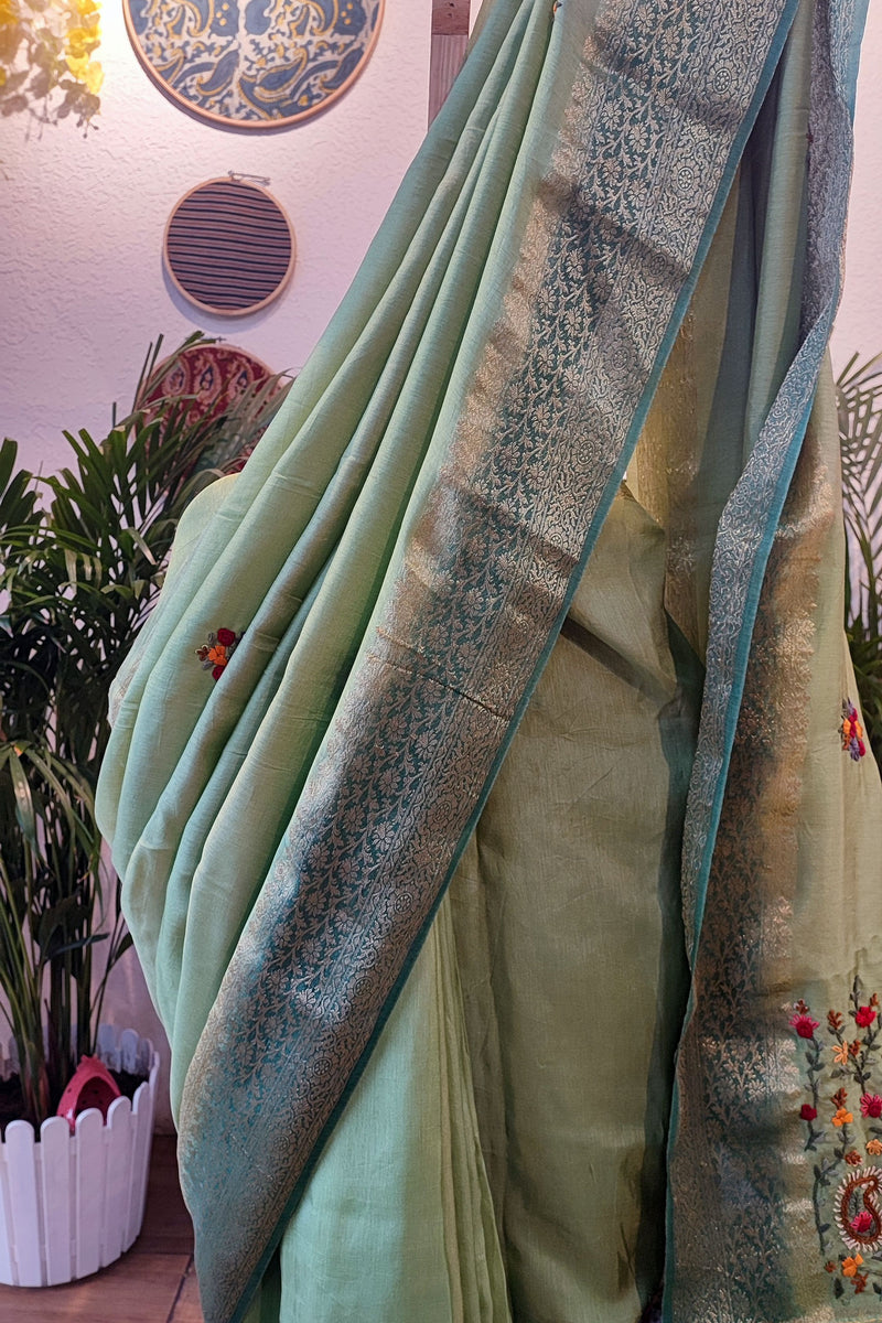 Fern Green Dola Silk Saree With Hand Embroidery and Zari Border