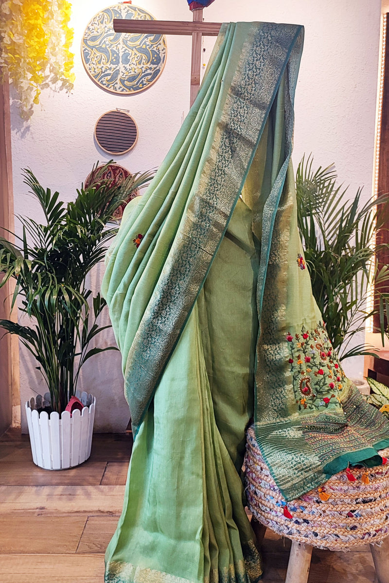 Fern Green Dola Silk Saree With Hand Embroidery and Zari Border