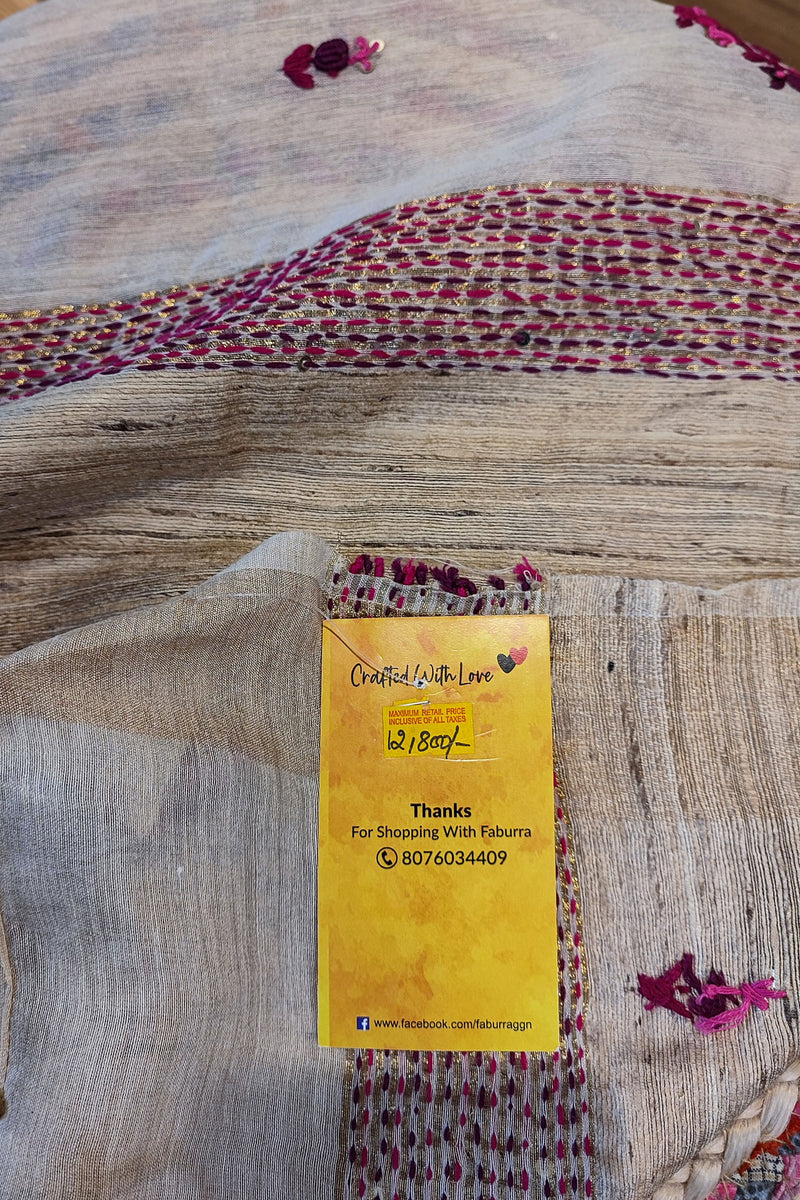 Cream Linen Silk Saree With Hand Embroidery and Zigzag Floral Pallu