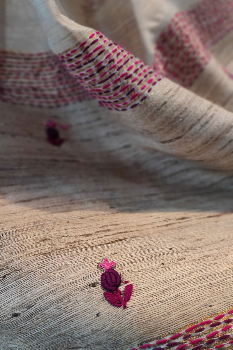 Cream Linen Silk Saree With Hand Embroidery and Zigzag Floral Pallu