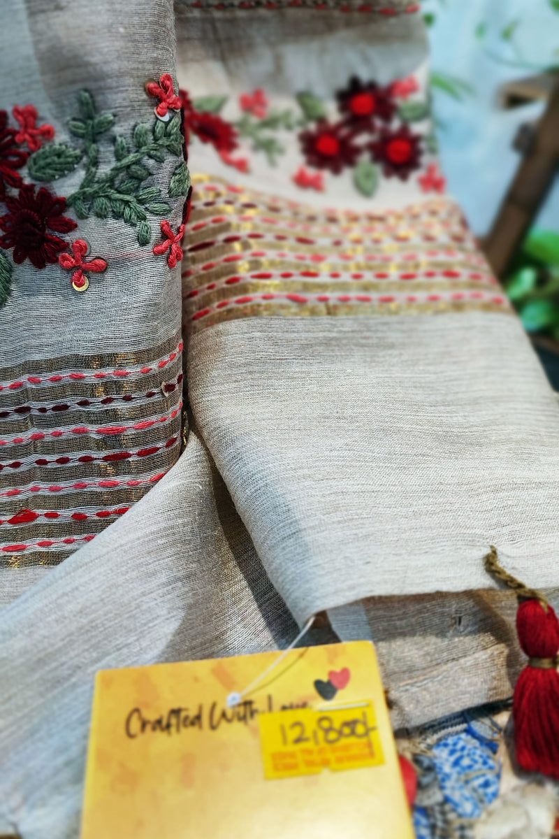 Cream Linen Silk Saree With Hand Embroidery and Floral Pallu