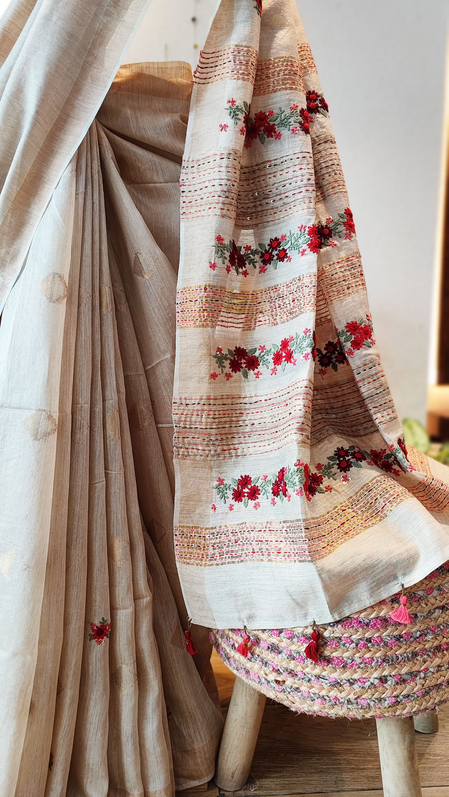 Cream Linen Silk Saree With Hand Embroidery and Floral Pallu
