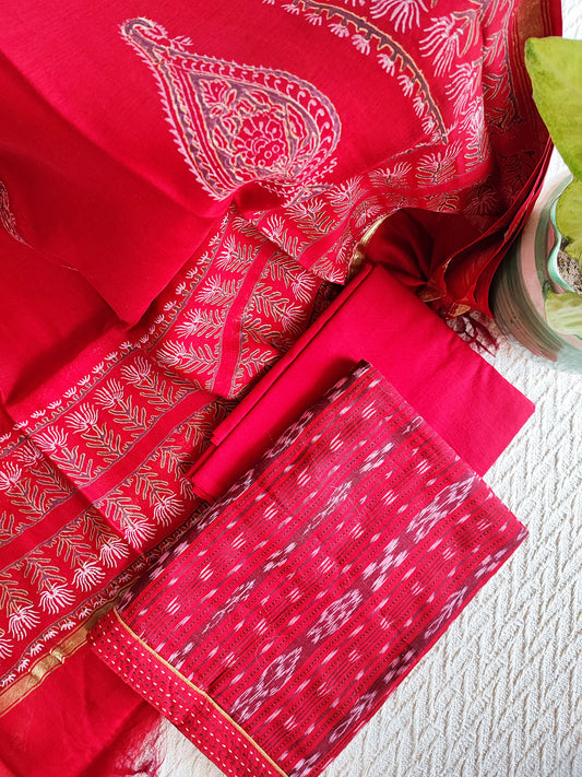 Scarlet Ikkat Shirt & Bottom With Chanderi Silk Handloom Dupatta