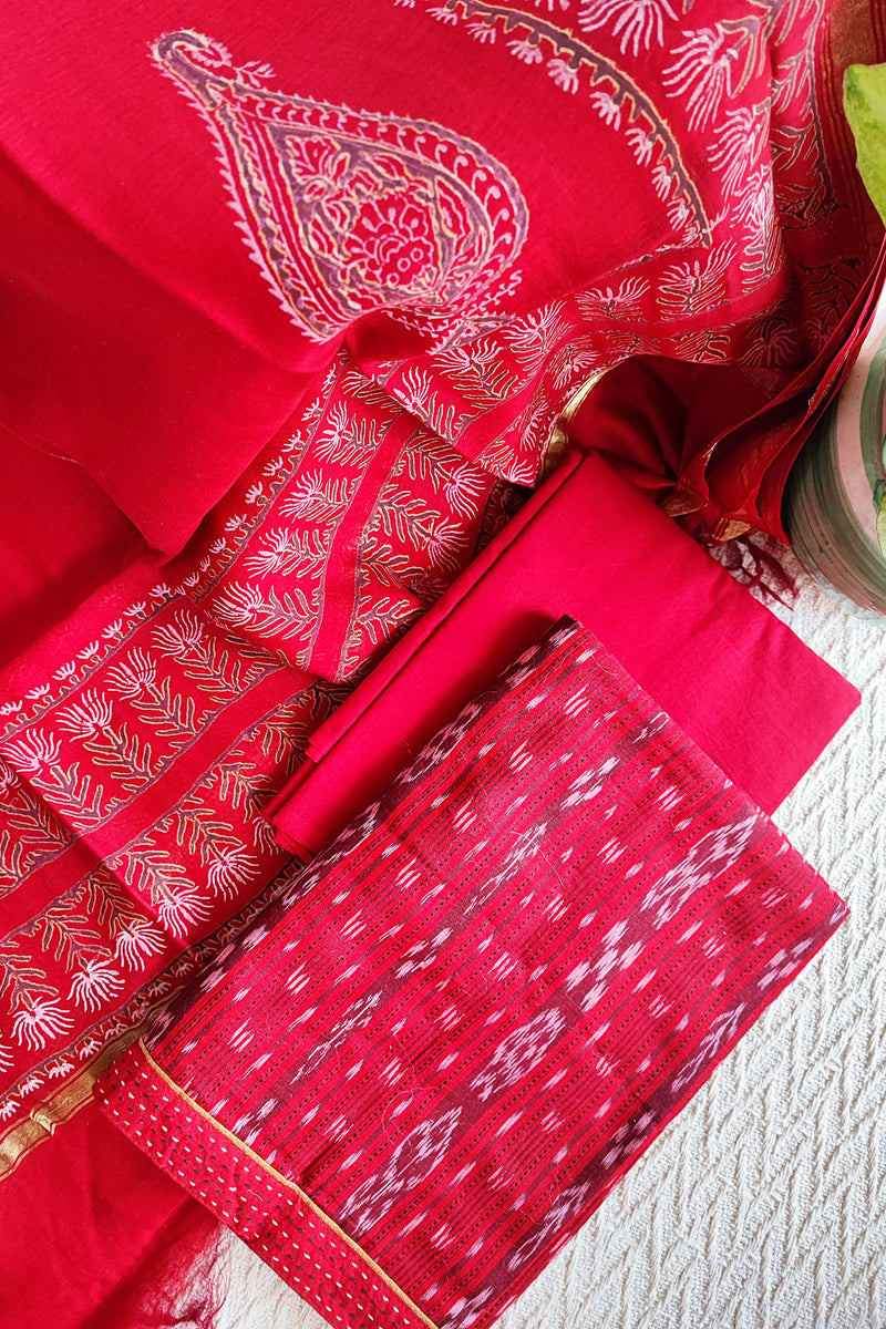 Scarlet Ikkat Shirt & Bottom With Chanderi Silk Handloom Dupatta