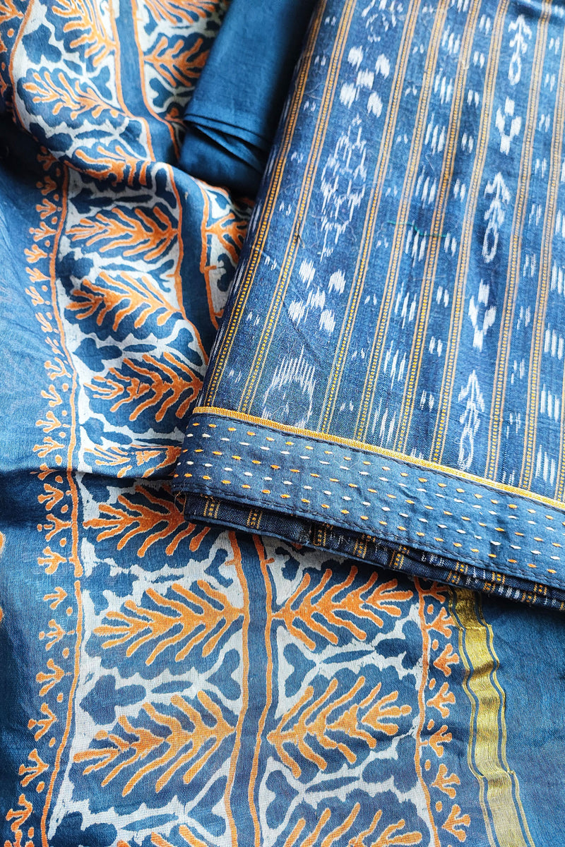 French Blue Ikkat Shirt & Bottom With Chanderi Silk Handloom Dupatta