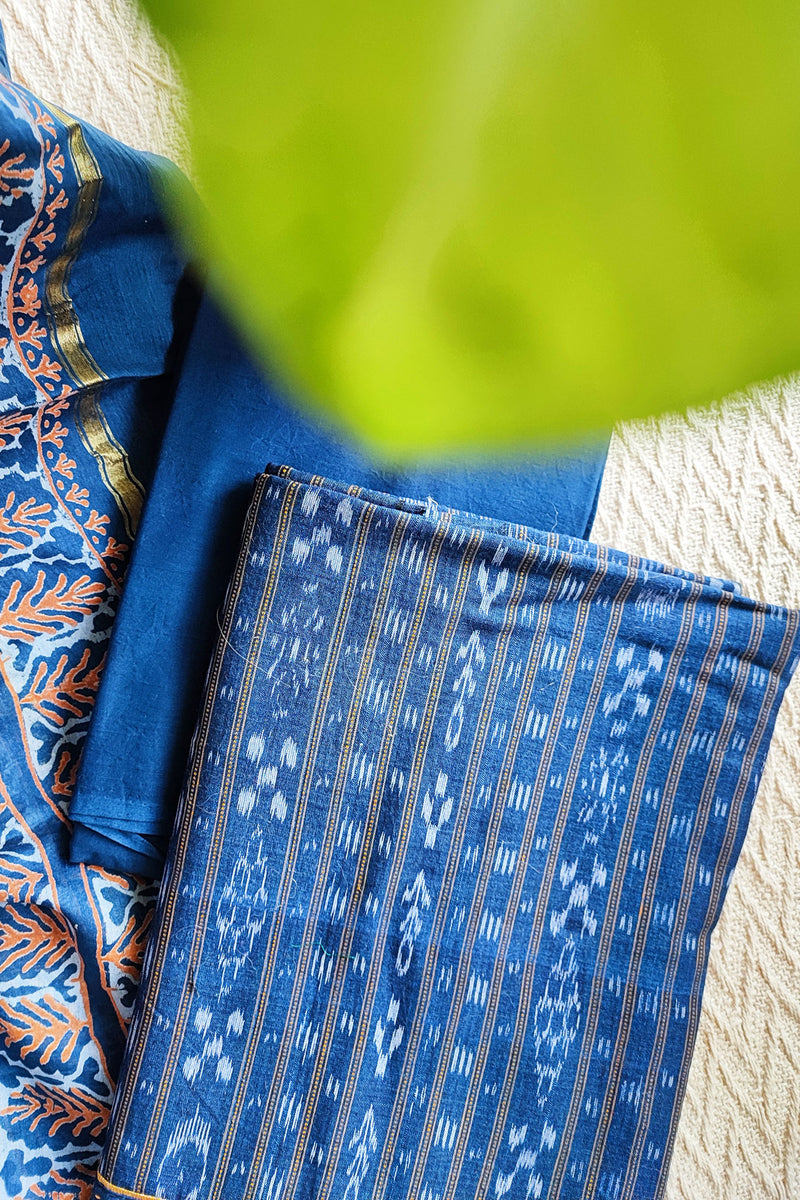 French Blue Ikkat Shirt & Bottom With Chanderi Silk Handloom Dupatta