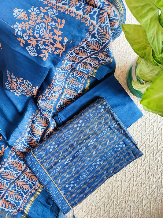 French Blue Ikkat Shirt & Bottom With Chanderi Silk Handloom Dupatta