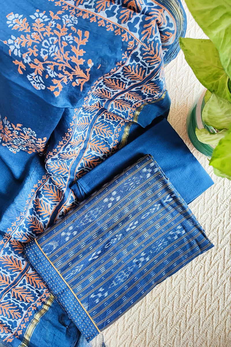 French Blue Ikkat Shirt & Bottom With Chanderi Silk Handloom Dupatta