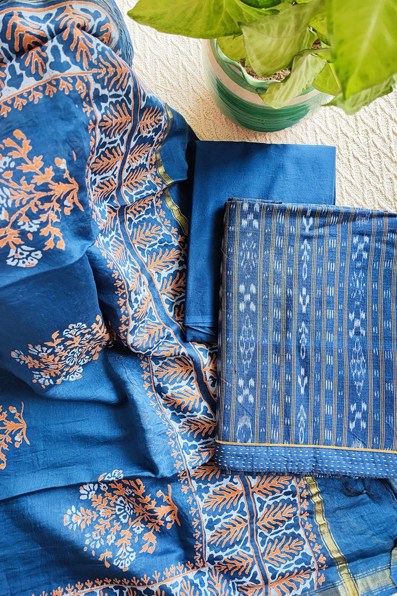 French Blue Ikkat Shirt & Bottom With Chanderi Silk Handloom Dupatta