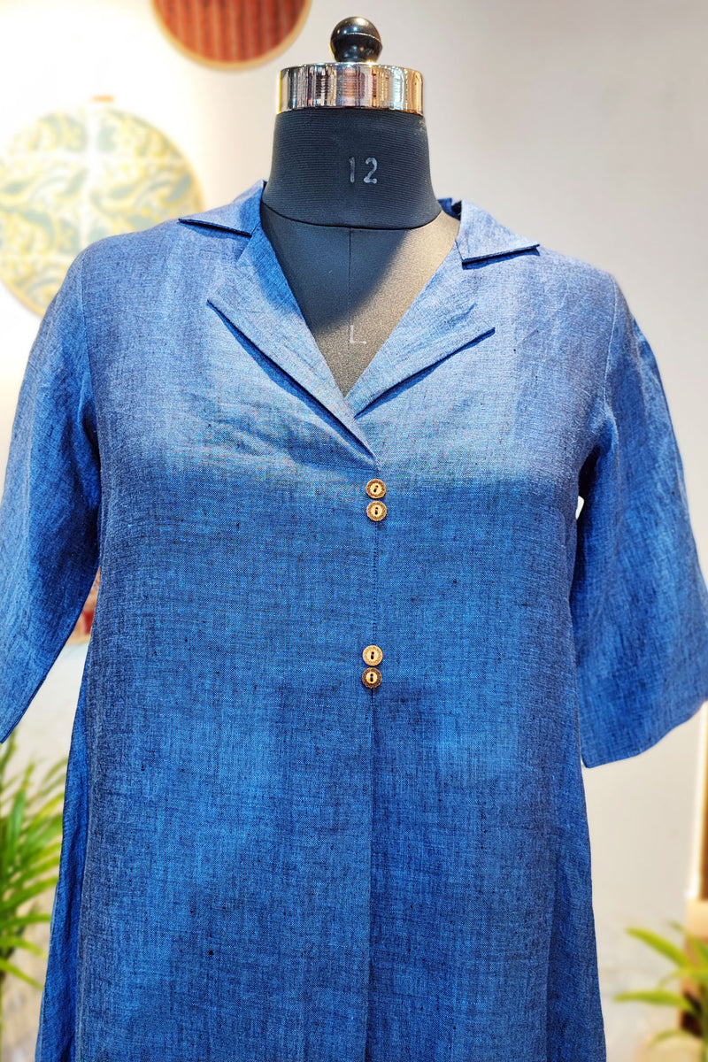 Cobalt Blue Linen Antifit Collared Dress/Kurta